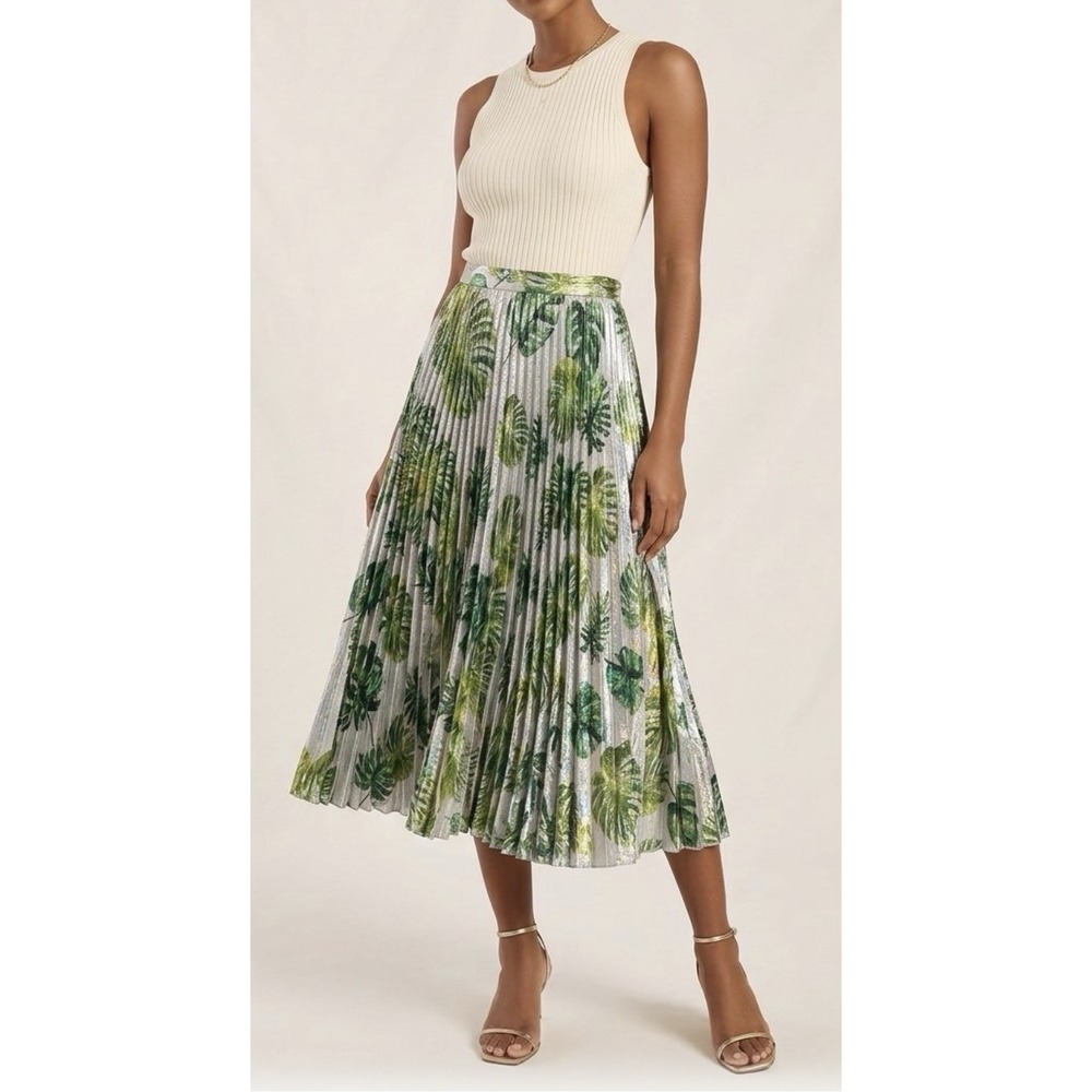 Anthropologie Delfi Collective Pleated Floral Skirt Sz L Green Asymmetric Tropic